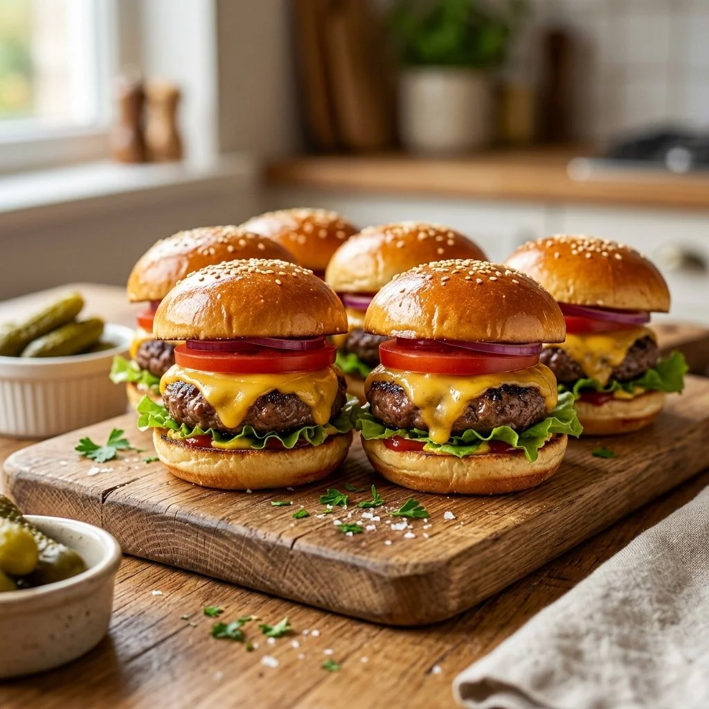 Savory cheeseburger sliders served on a platter with toppings