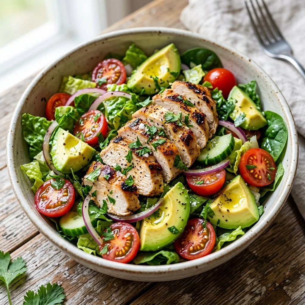 Healthy Chicken Avocado Salad with fresh vegetables and grilled chicken
