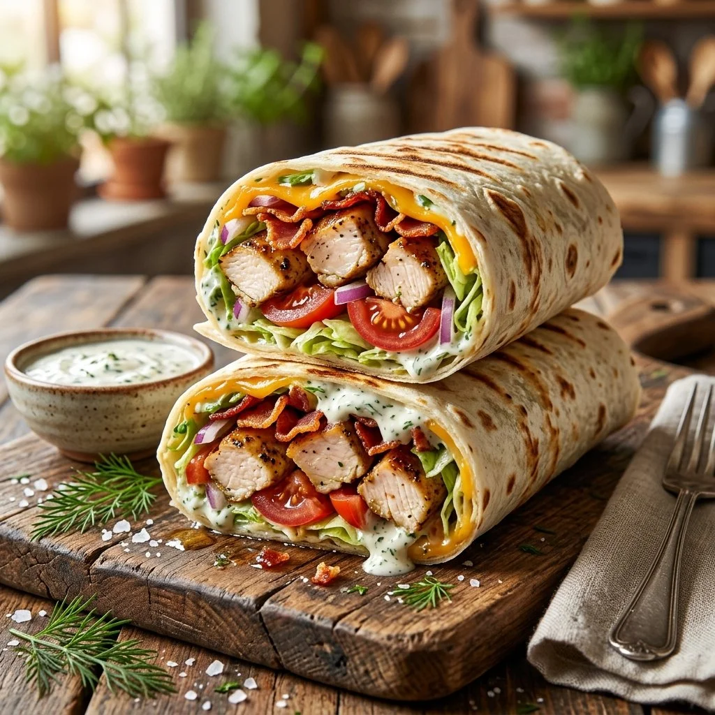 Delicious Chicken Bacon Ranch Wrap with fresh ingredients and ranch dressing