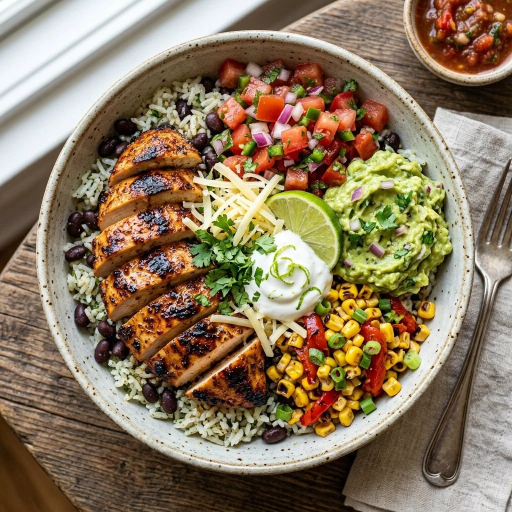 Delicious Chicken Burrito Bowl loaded with fresh ingredients and flavors.