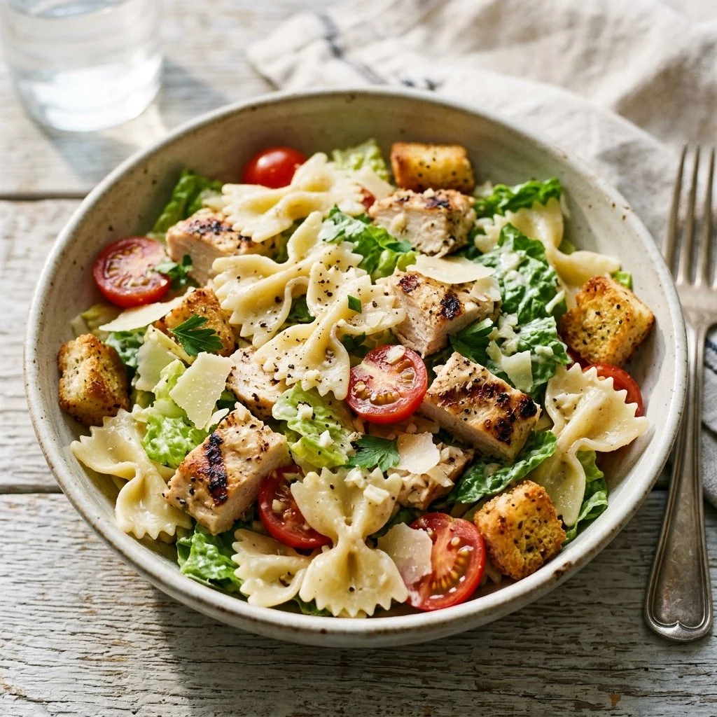 Delicious Chicken Caesar Pasta Salad with chicken, lettuce, and dressing