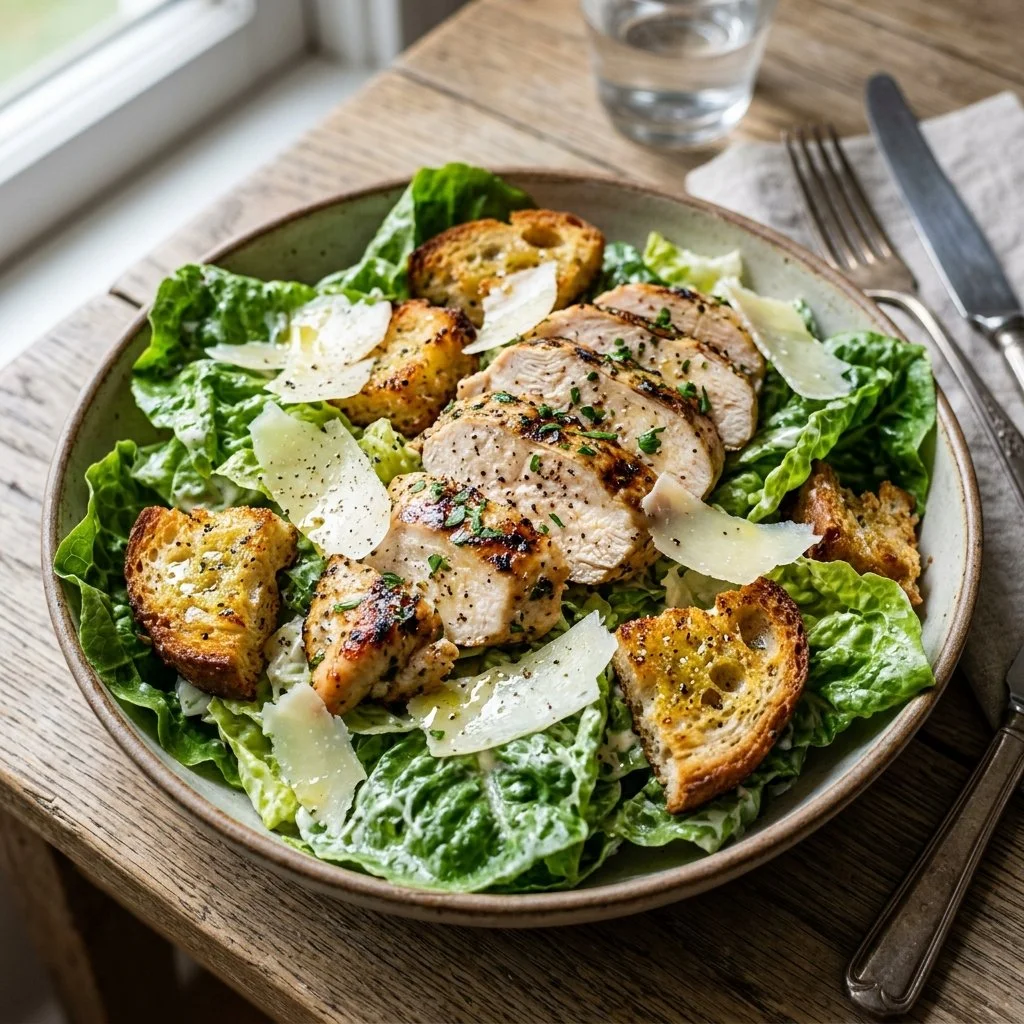 Delicious Chicken Caesar Salad with grilled chicken, romaine lettuce, and Caesar dressing.