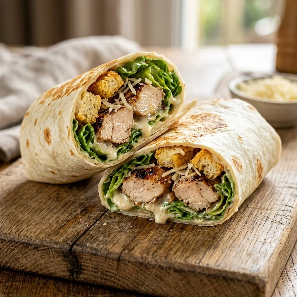 Delicious Chicken Caesar Wrap filled with chicken, romaine, and Caesar dressing.
