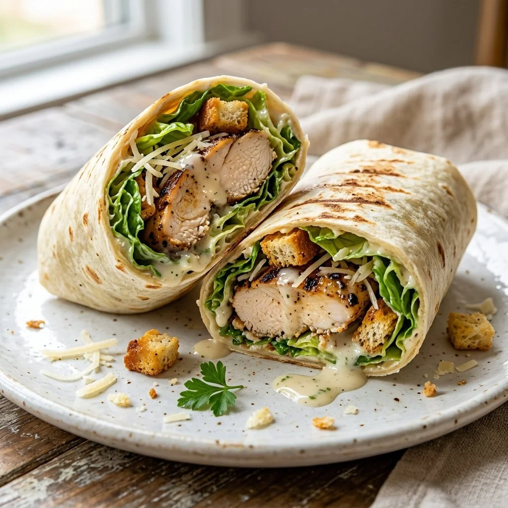 Delicious Chicken Caesar Wraps featuring grilled chicken and romaine lettuce