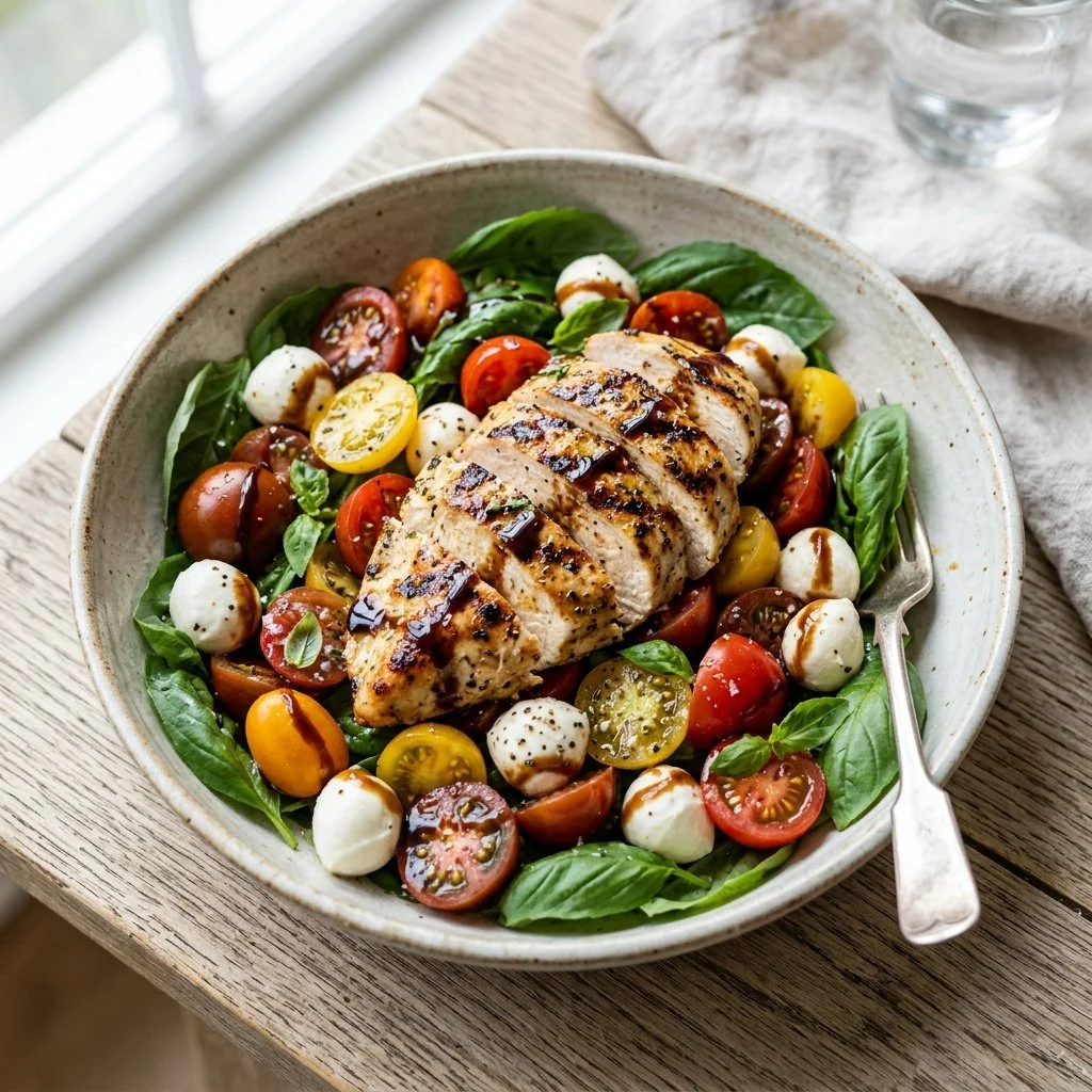 Chicken Caprese Salad with grilled chicken, mozzarella, and fresh basil