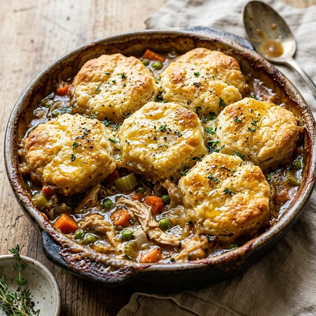 Delicious homemade Chicken Cobbler served in a rustic dish