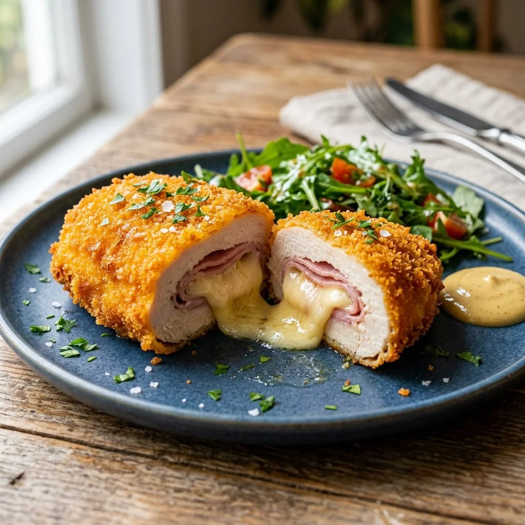 Delicious Chicken Cordon Bleu with melted cheese and crispy crust