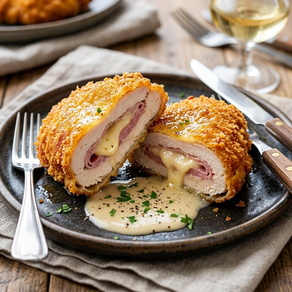 Delicious Chicken Cordon Bleu with ham and cheese filling showcased on a plate
