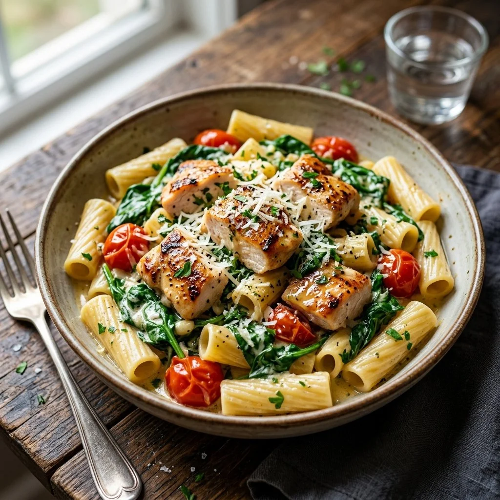Delicious Chicken Florentine Pasta with spinach and creamy sauce