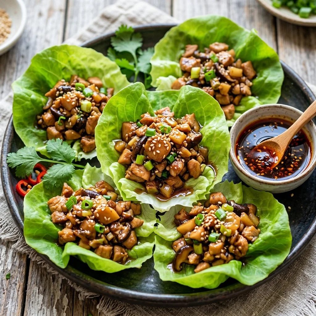 Plate of delicious Chicken Lettuce Wraps garnished with fresh herbs