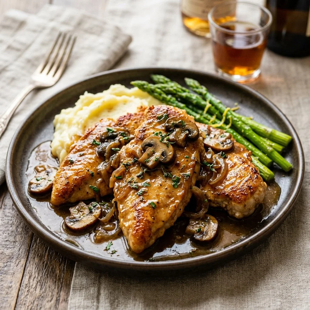 Delicious Chicken Madeira served with mushrooms and wine sauce.