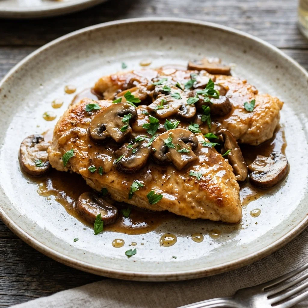Delicious Chicken Marsala with mushrooms and Marsala sauce plated beautifully.