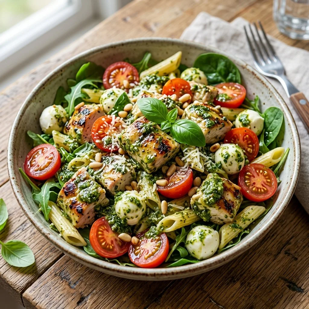 Delicious Chicken Pesto Salad garnished with fresh vegetables and pesto dressing
