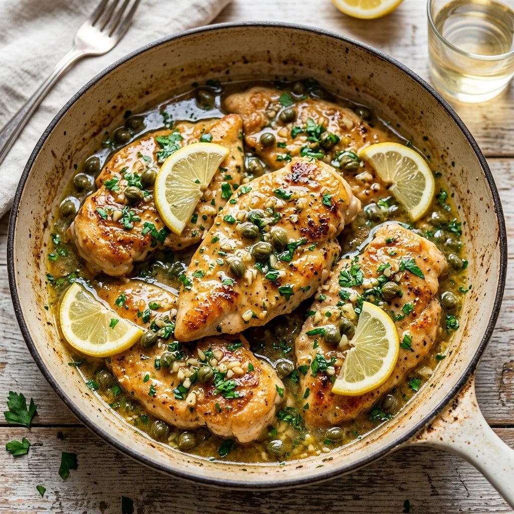 Plate of Chicken Piccata with lemon slices and capers on a white background.
