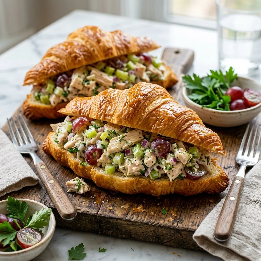 Delicious chicken salad croissants served on a plate