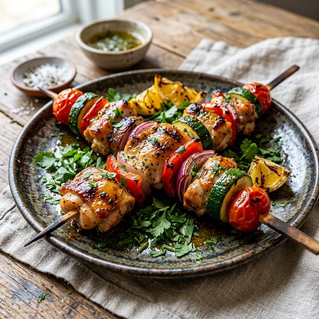 Grilled chicken skewers with colorful veggies on a platter
