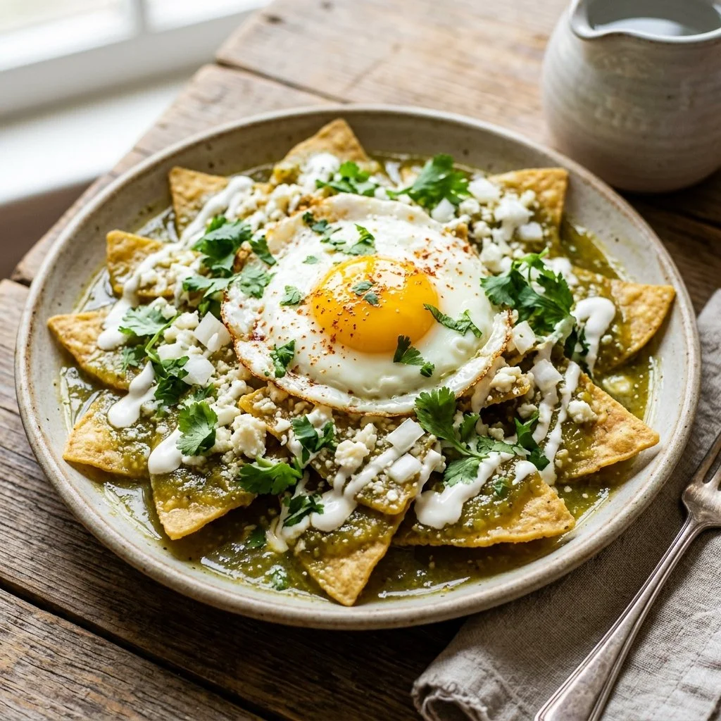 Delicious plate of Chilaquiles Verdes topped with fresh cilantro and cheese