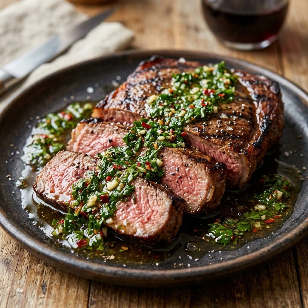 Juicy chimichurri steak served with fresh herbs and spices