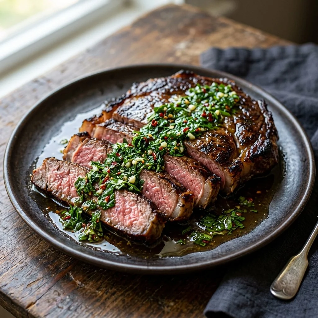 Delicious chimichurri steak grilled to perfection with vibrant green sauce