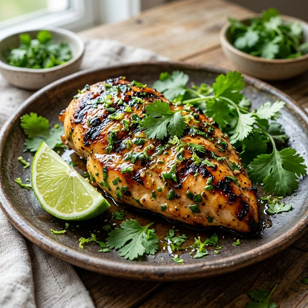 Delicious cilantro lime chicken served with fresh lime wedges and herbs