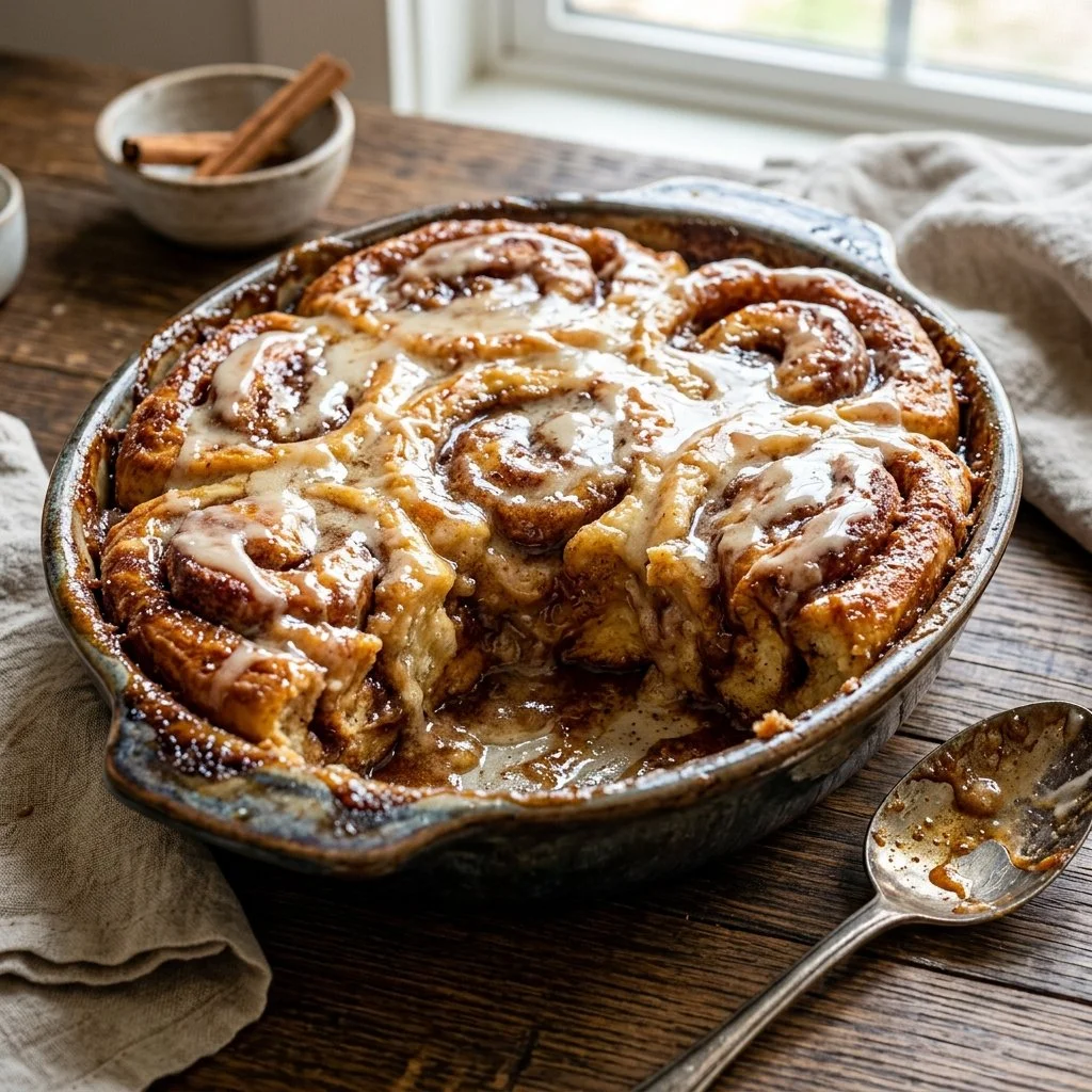 Deliciously baked cinnamon roll casserole topped with icing.