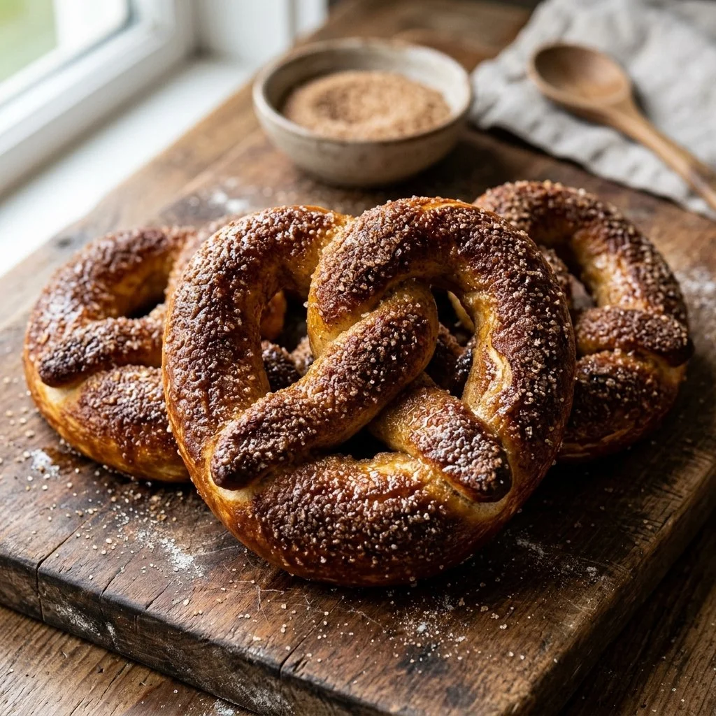 Freshly baked cinnamon sugar pretzels sprinkled with sugar and cinnamon