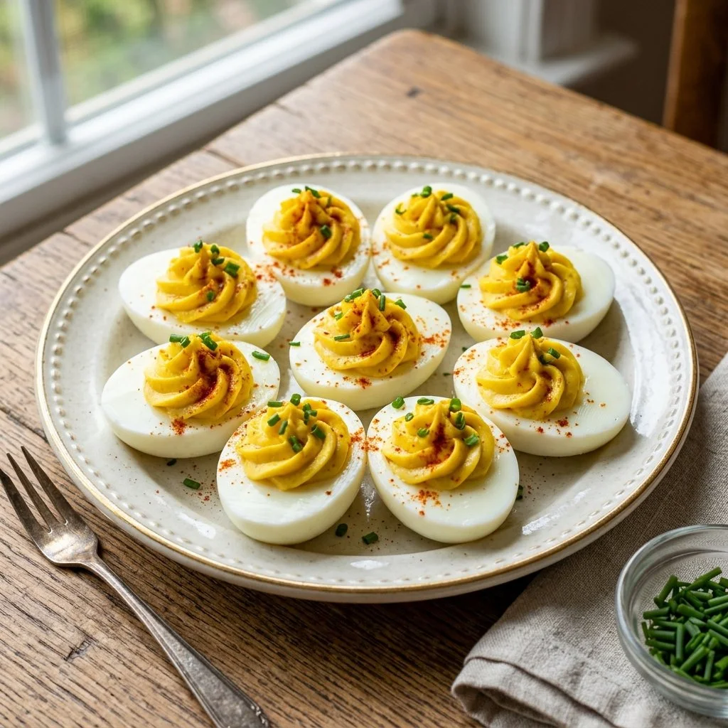 Classic deviled eggs on a serving platter, perfect appetizer for parties