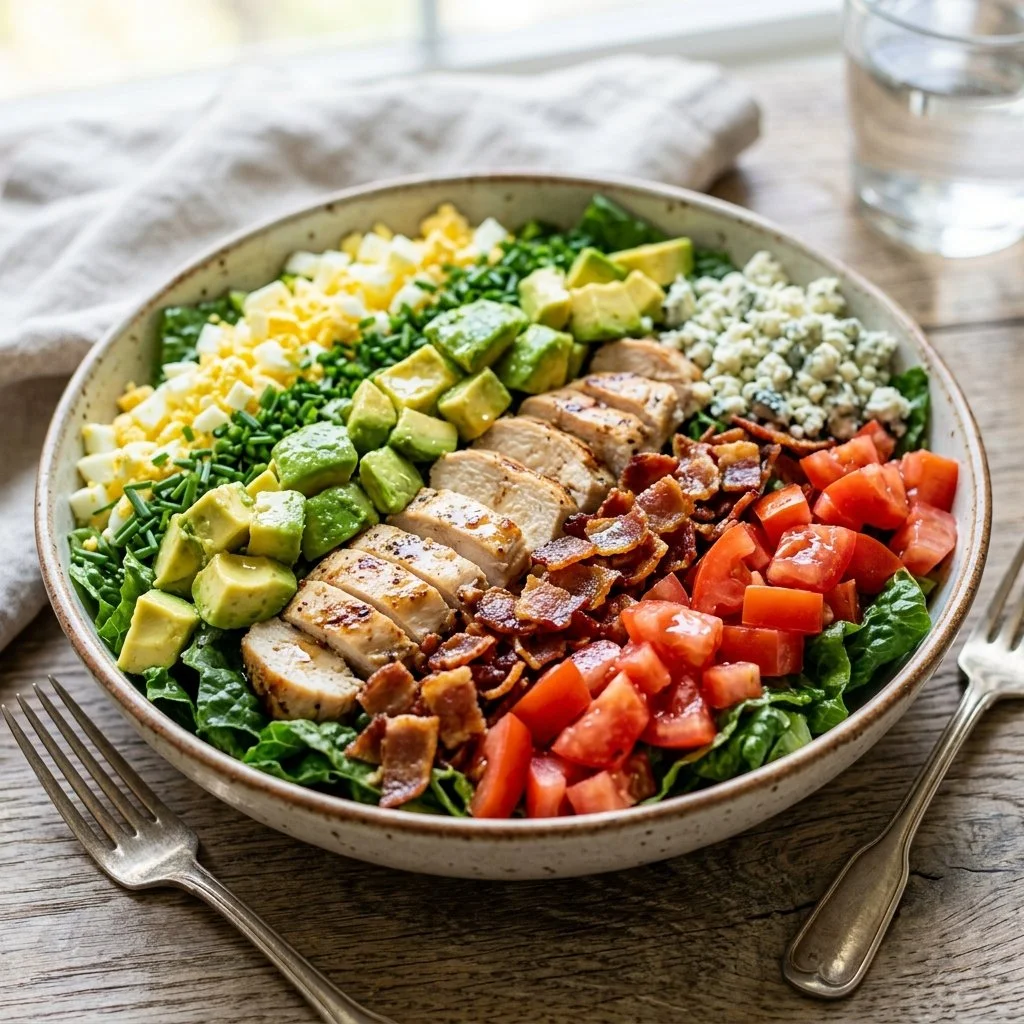 Delicious Cobb Salad featuring greens, bacon, avocado, and boiled eggs.
