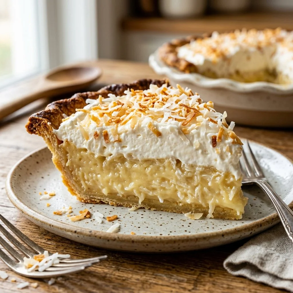 Delicious coconut cream pie with whipped cream and toasted coconut flakes