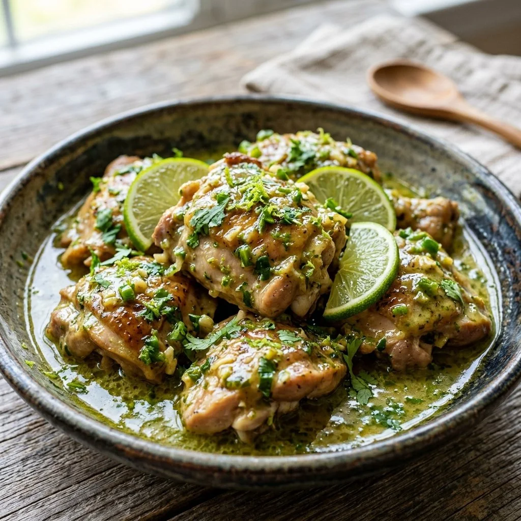 Delicious Coconut Lime Chicken served on a plate with fresh lime slices.
