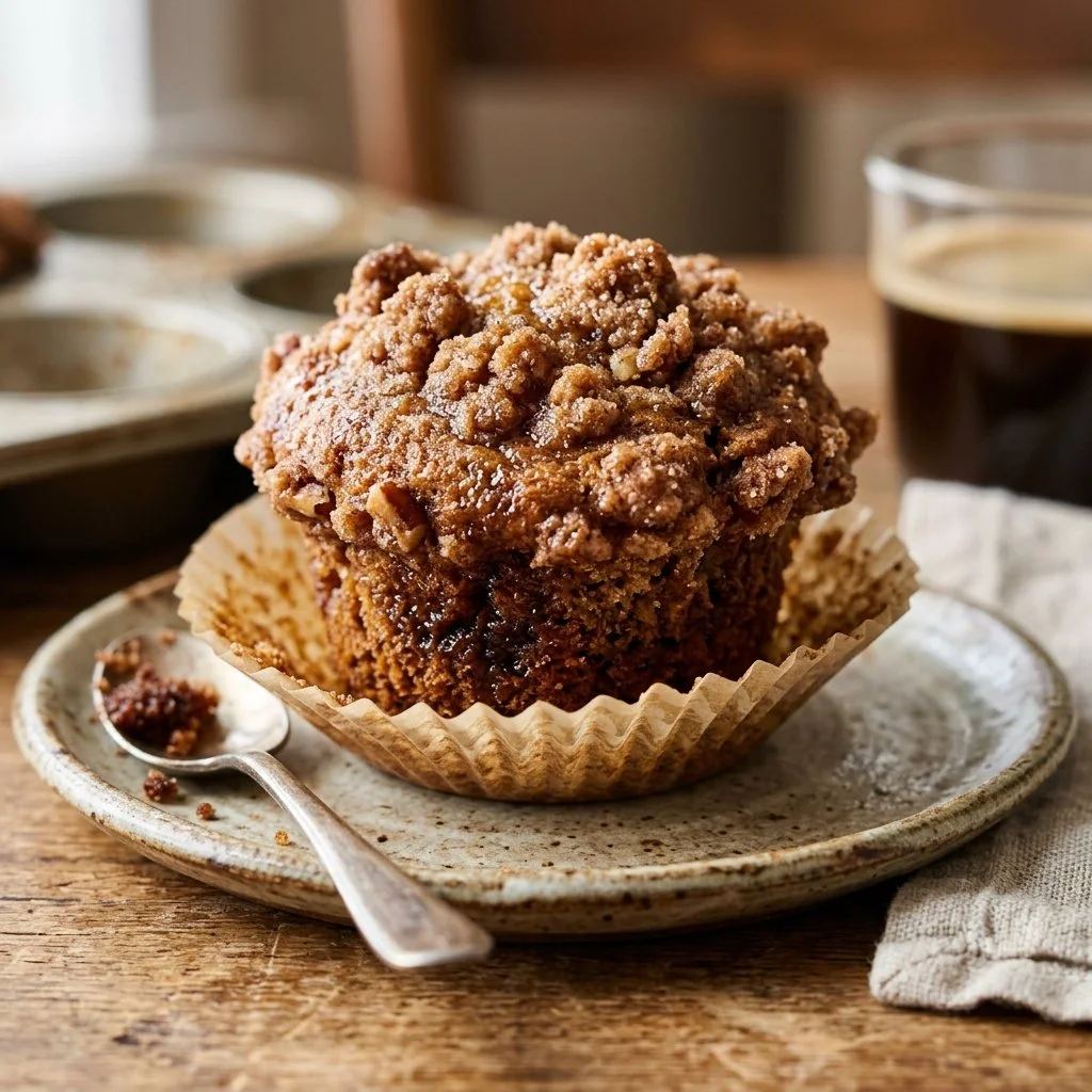 Freshly baked coffee cake muffins with a crumb topping.