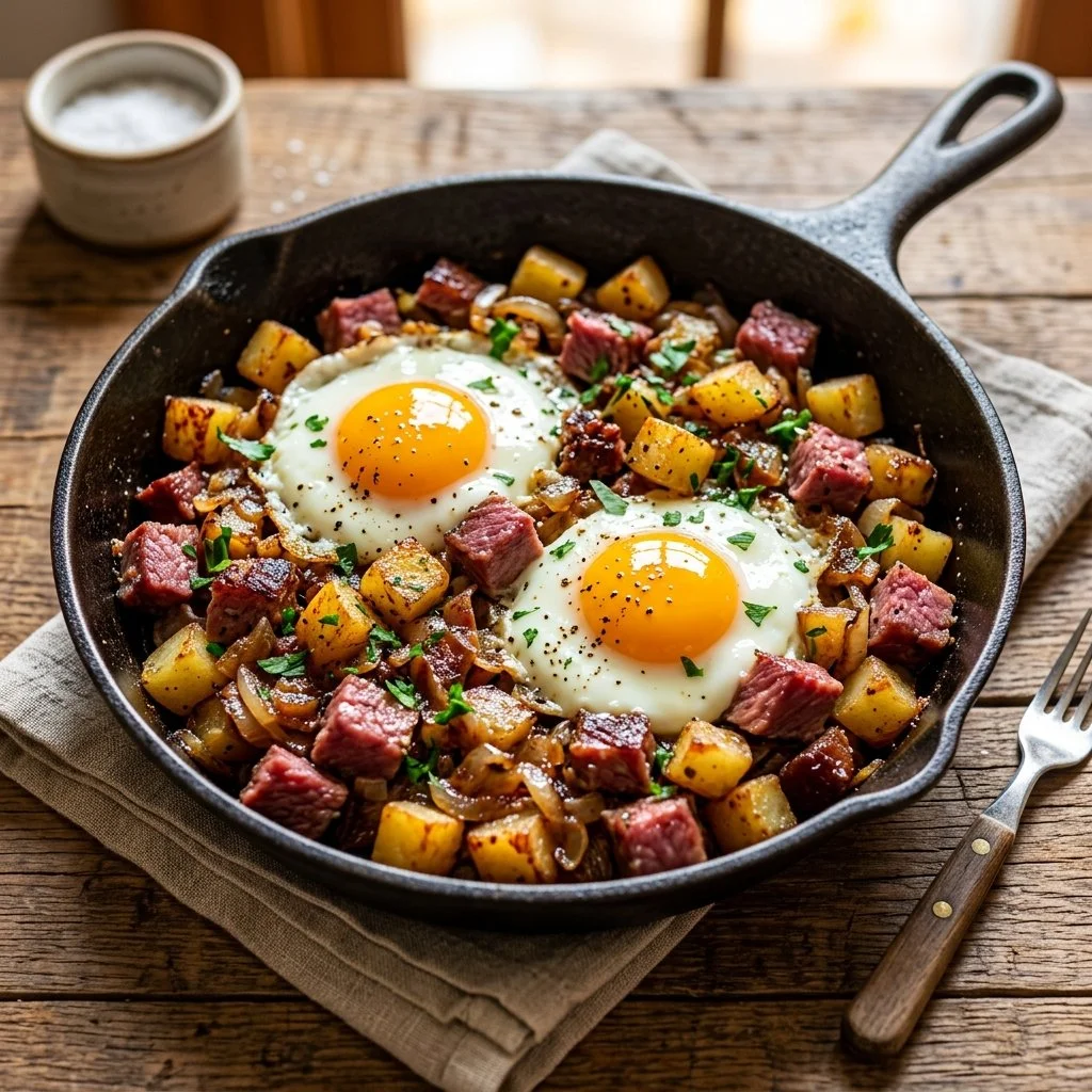 Delicious serving of corned beef hash with crispy potatoes and eggs