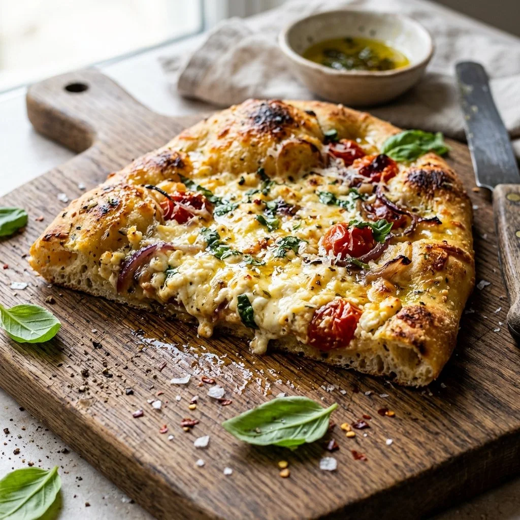 Homemade cottage cheese flatbread served with fresh toppings.