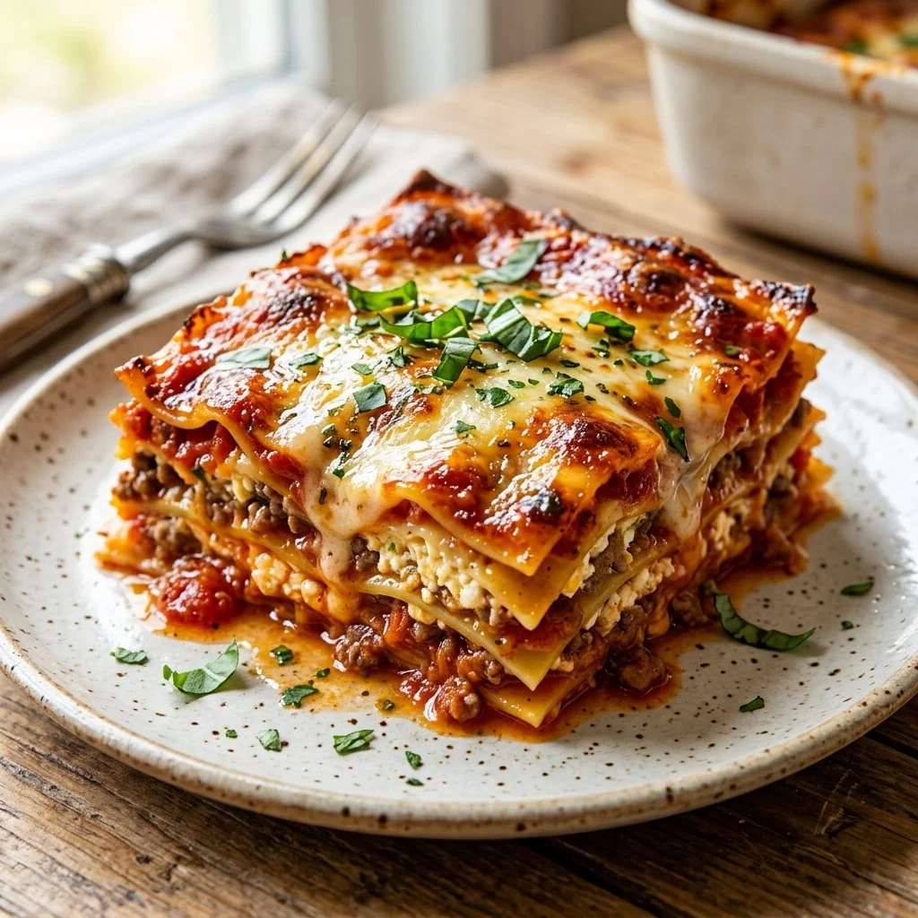 Creamy Cottage Cheese Lasagna served with fresh herbs and a side salad.