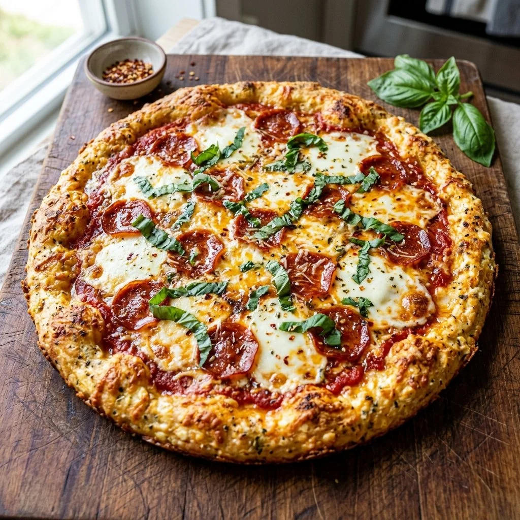Cottage cheese pizza crust topped with fresh ingredients and herbs