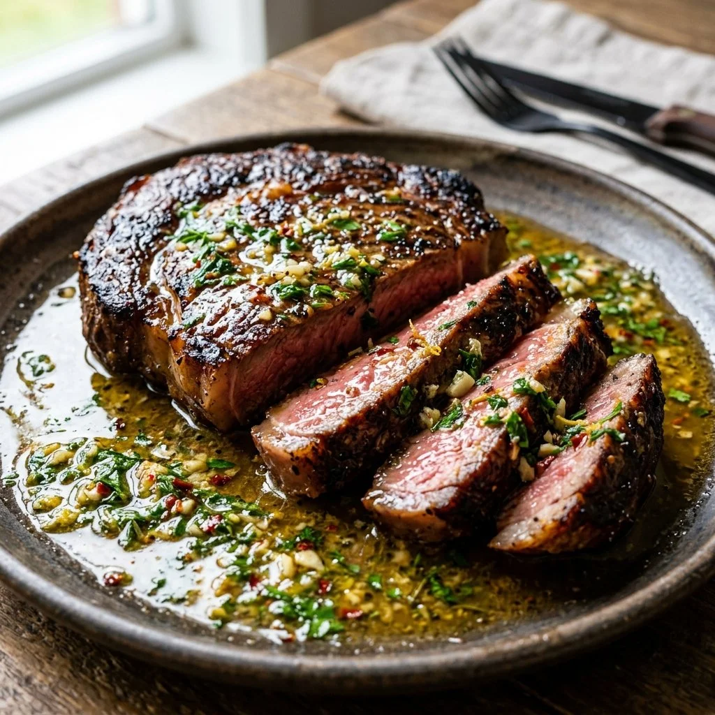 A perfectly grilled Cowboy Butter Steak drizzled with flavorful compound butter.