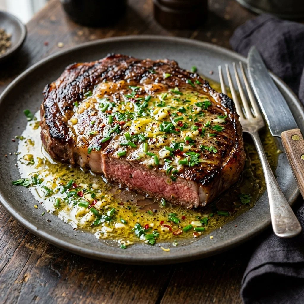 Delicious Cowboy Butter Steak topped with flavorful herbs and spices