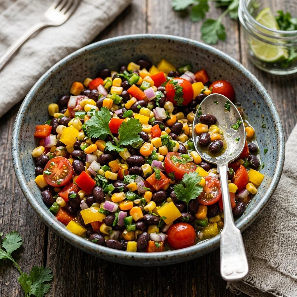 Bowl of colorful Cowboy Caviar dip with fresh vegetables