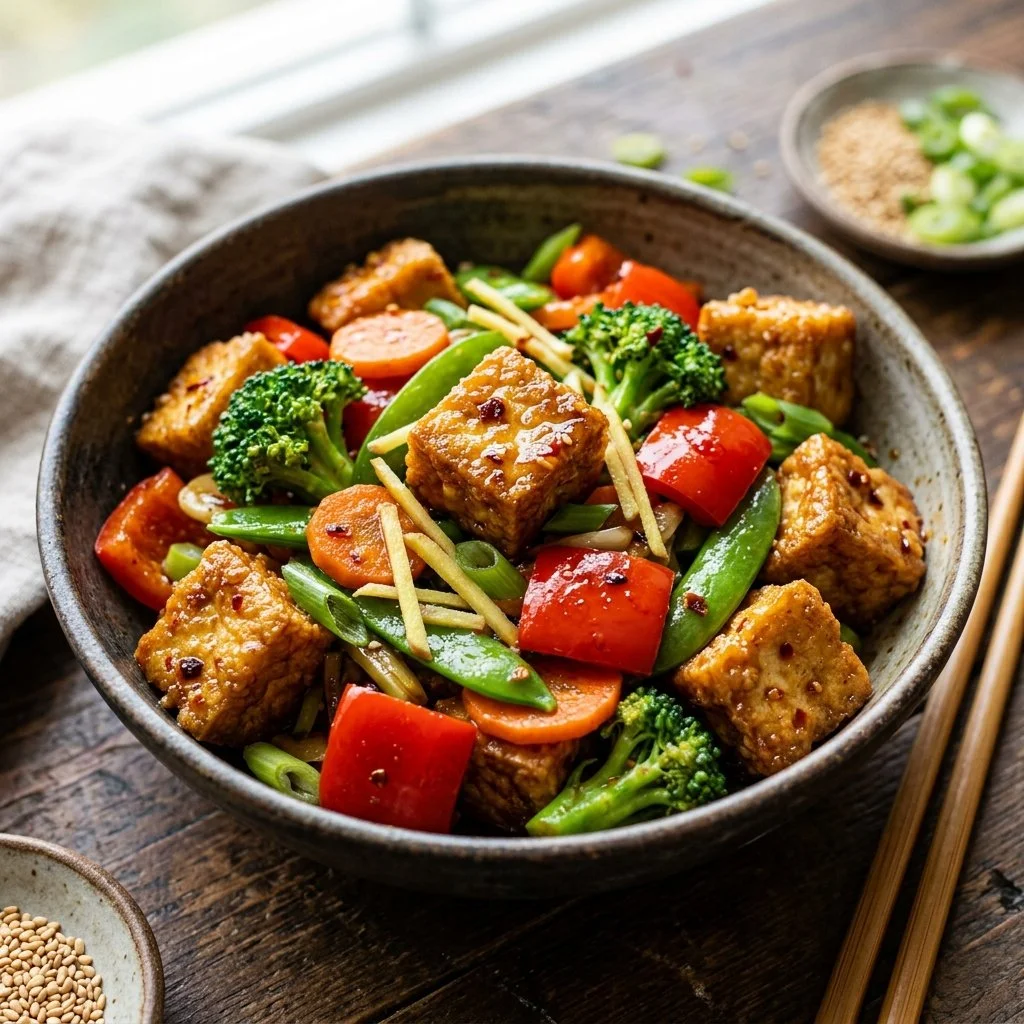 Crispy tofu stir fry with colorful vegetables and savory sauce on a plate
