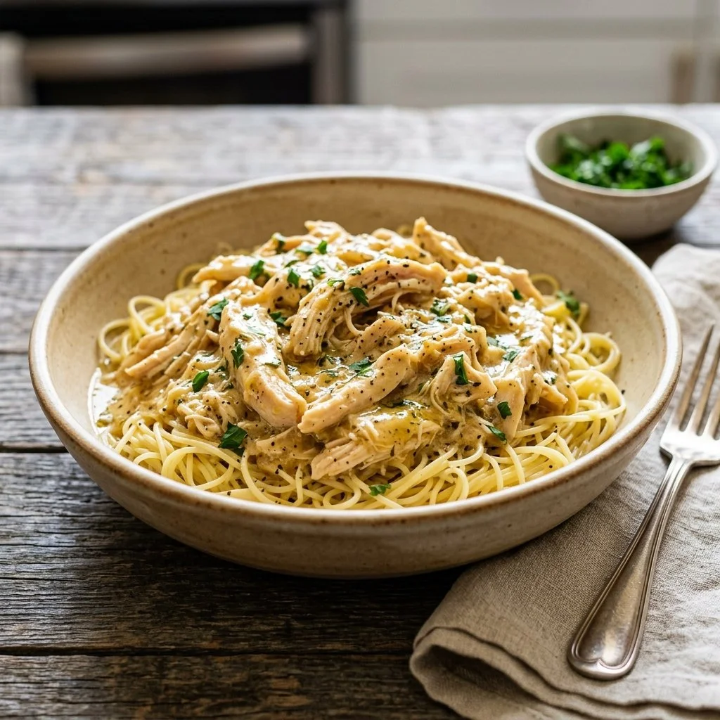 Delicious Crockpot Angel Chicken served on a plate with herbs.