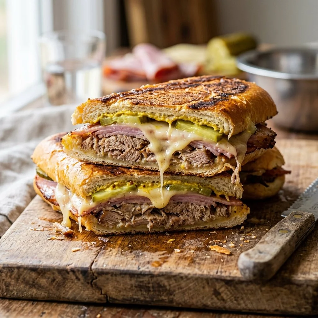 Delicious Cuban Sandwich with layers of pork, ham, and Swiss cheese on toasted bread.
