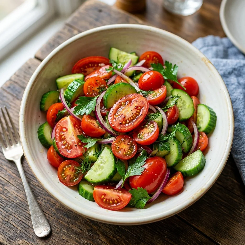 Fresh Cucumber Tomato Salad with vibrant veggies and herbs