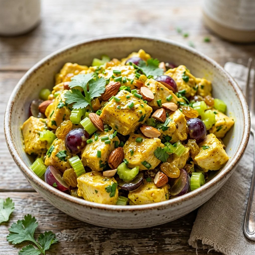 Curry chicken salad with vibrant vegetables in a bowl