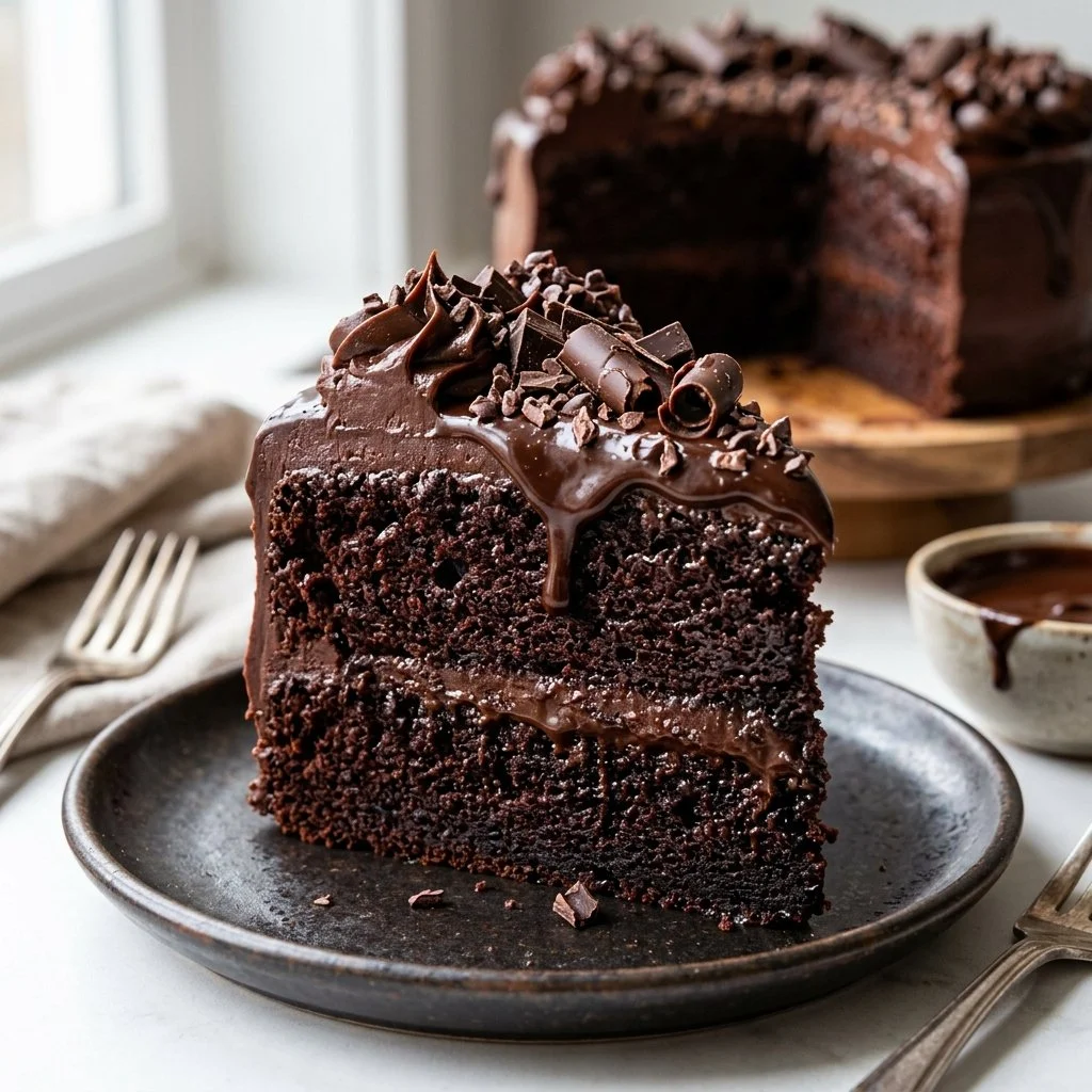 Death by Chocolate Cake: a rich and decadent chocolate cake slice
