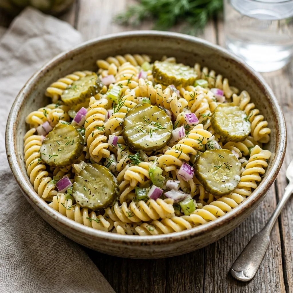 Bowl of dill pickle pasta salad with fresh herbs and ingredients.