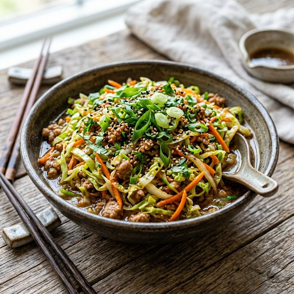 Delicious Egg Roll in a Bowl with colorful ingredients and garnishes