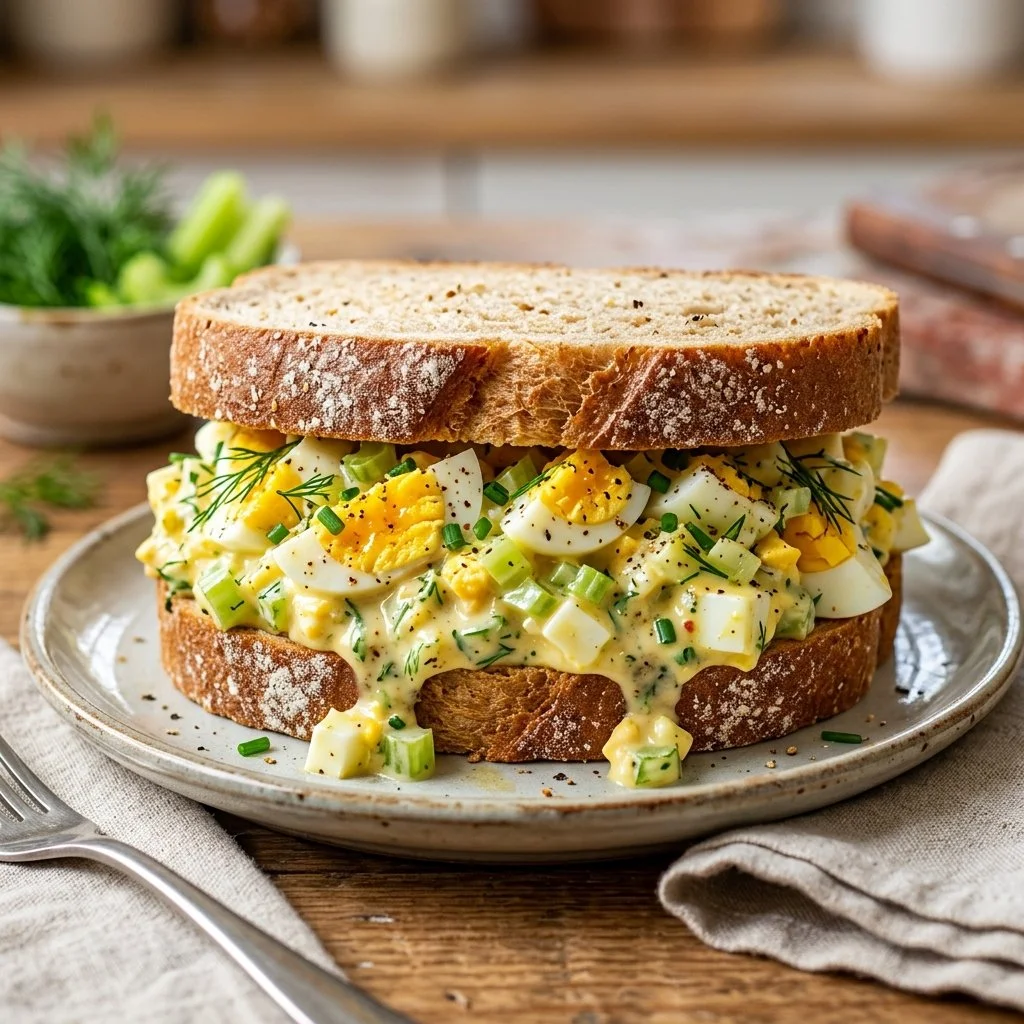 Delicious egg salad sandwich on a plate with fresh ingredients