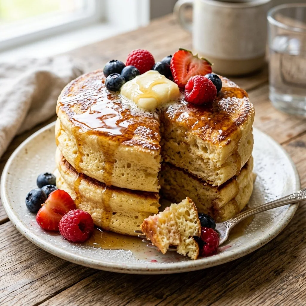 Fluffy Japanese pancakes stacked on a plate, drizzled with syrup and topped with berries.