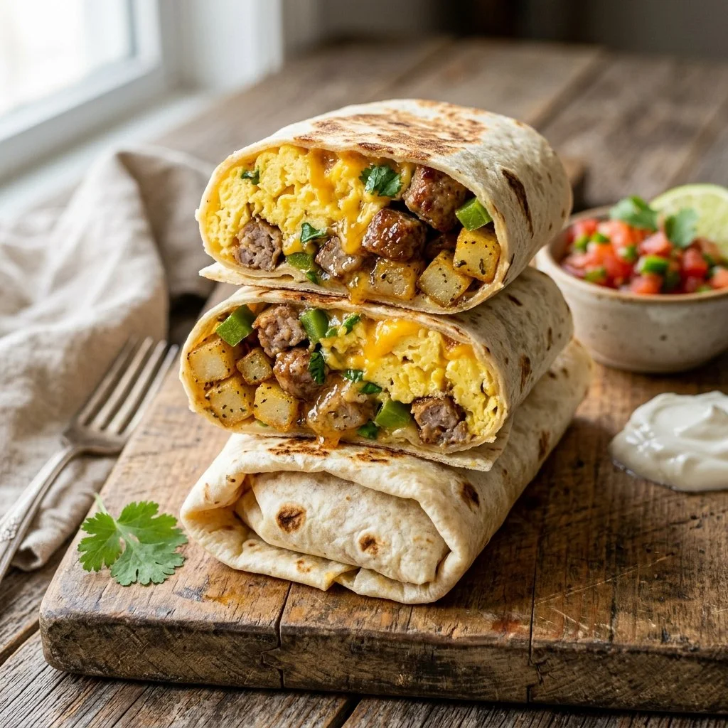Homemade freezer breakfast burritos ready for quick morning meals