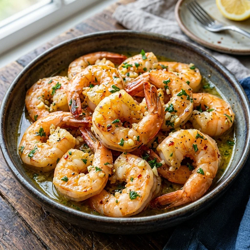 Delicious garlic butter shrimp served on a plate with herbs